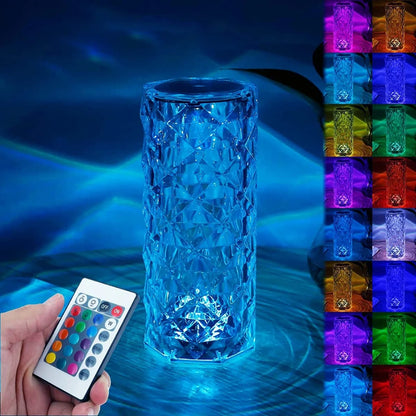 16 Colors Diamond Rose Crystal Touch Lamp | USB Rechargeable Acrylic Bedside Table Lamp with Remote