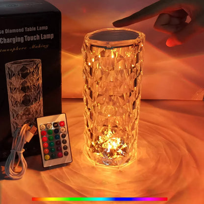 16 Colors Diamond Rose Crystal Touch Lamp | USB Rechargeable Acrylic Bedside Table Lamp with Remote