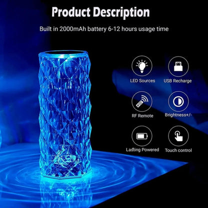 16 Colors Diamond Rose Crystal Touch Lamp | USB Rechargeable Acrylic Bedside Table Lamp with Remote