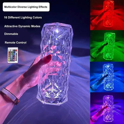 16 Colors Diamond Rose Crystal Touch Lamp | USB Rechargeable Acrylic Bedside Table Lamp with Remote