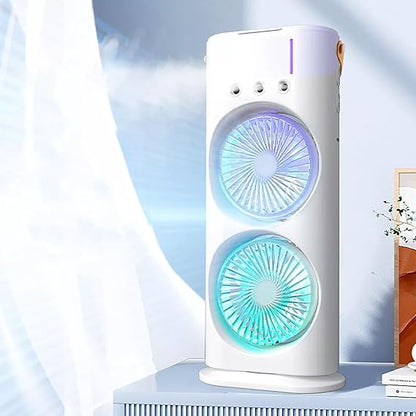 Mini Double Head Mist Fan with LED Light & Humidifier | Portable Air Cooler for Home, Office & Travel