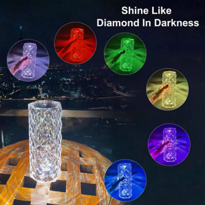 16 Colors Diamond Rose Crystal Touch Lamp | USB Rechargeable Acrylic Bedside Table Lamp with Remote