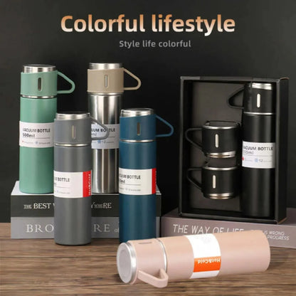 3 Cup 500ML Double-Layer Stainless Steel Vacuum Flask Set | Hot & Cold | Random Color