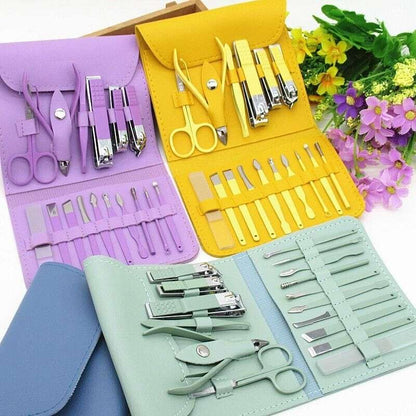 16 Pcs Stainless Steel Color-Coated Manicure and Pedicure Set with Leather Case for Travel and Home Use | Random Color