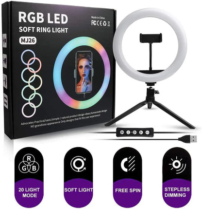 RGB LED Soft Ring Light MJ26 | 26cm (10.2”) |  Dimmable with Tripod & Phone Holder, 360° Color Modes