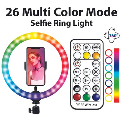 RGB LED Soft Ring Light MJ26 | 26cm (10.2”) |  Dimmable with Tripod & Phone Holder, 360° Color Modes