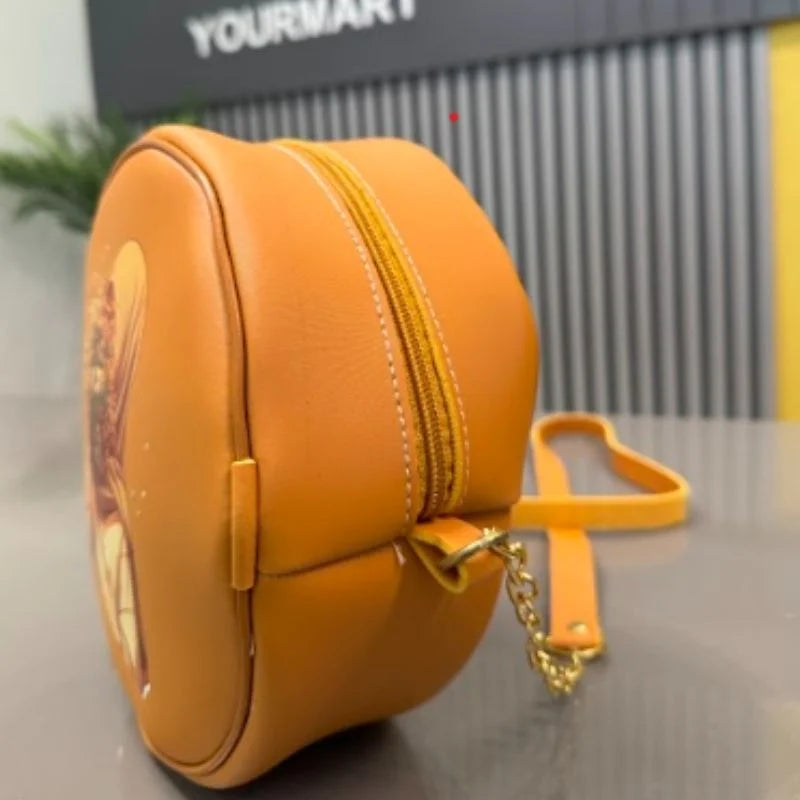 Round Retro Crossbody Handbag | Stylish Caramel Bag with Printed Artwork for Women